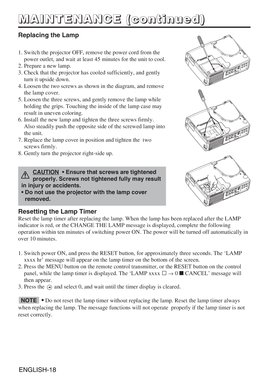 BOXLIGHT CP-635i user manual Maintenance, Replacing the Lamp, Resetting the Lamp Timer 