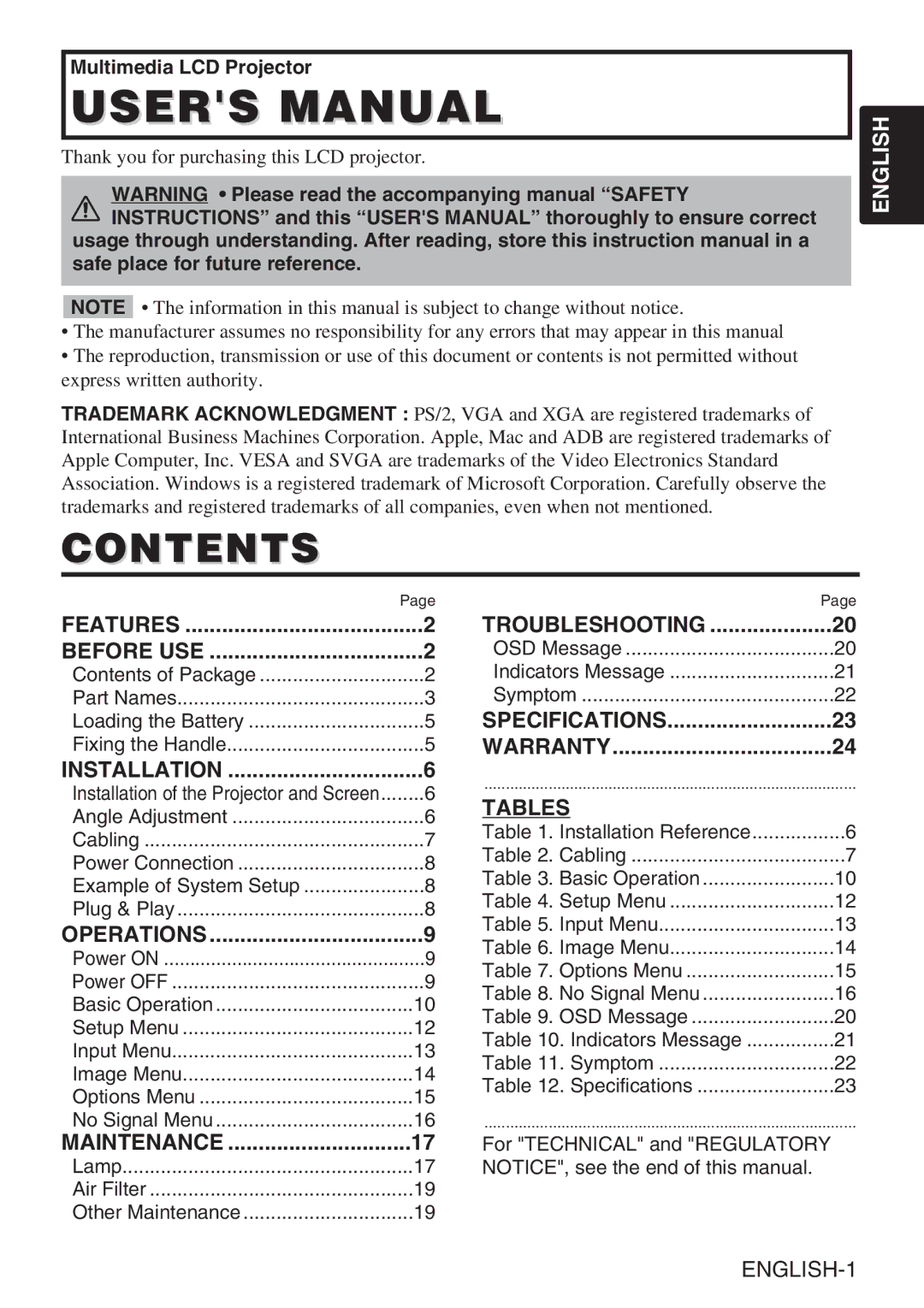 BOXLIGHT CP-635i user manual Contents 