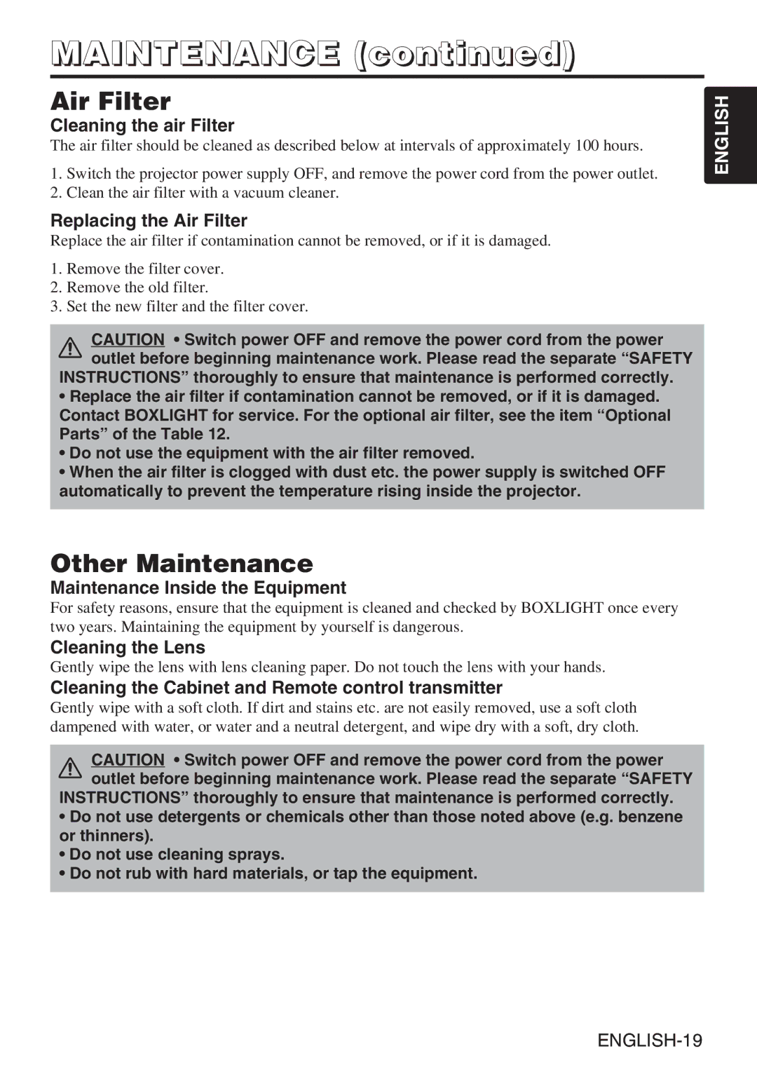 BOXLIGHT CP-635i user manual Air Filter, Other Maintenance 