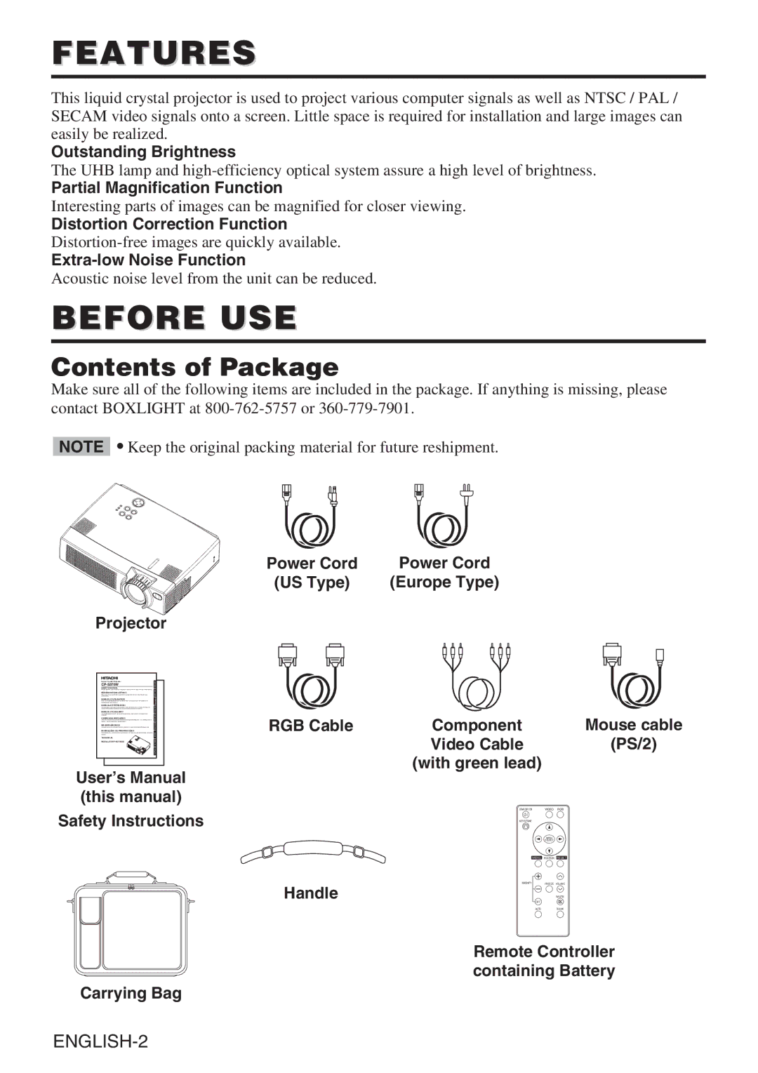 BOXLIGHT CP-635i user manual Features, Before USE, Contents of Package 