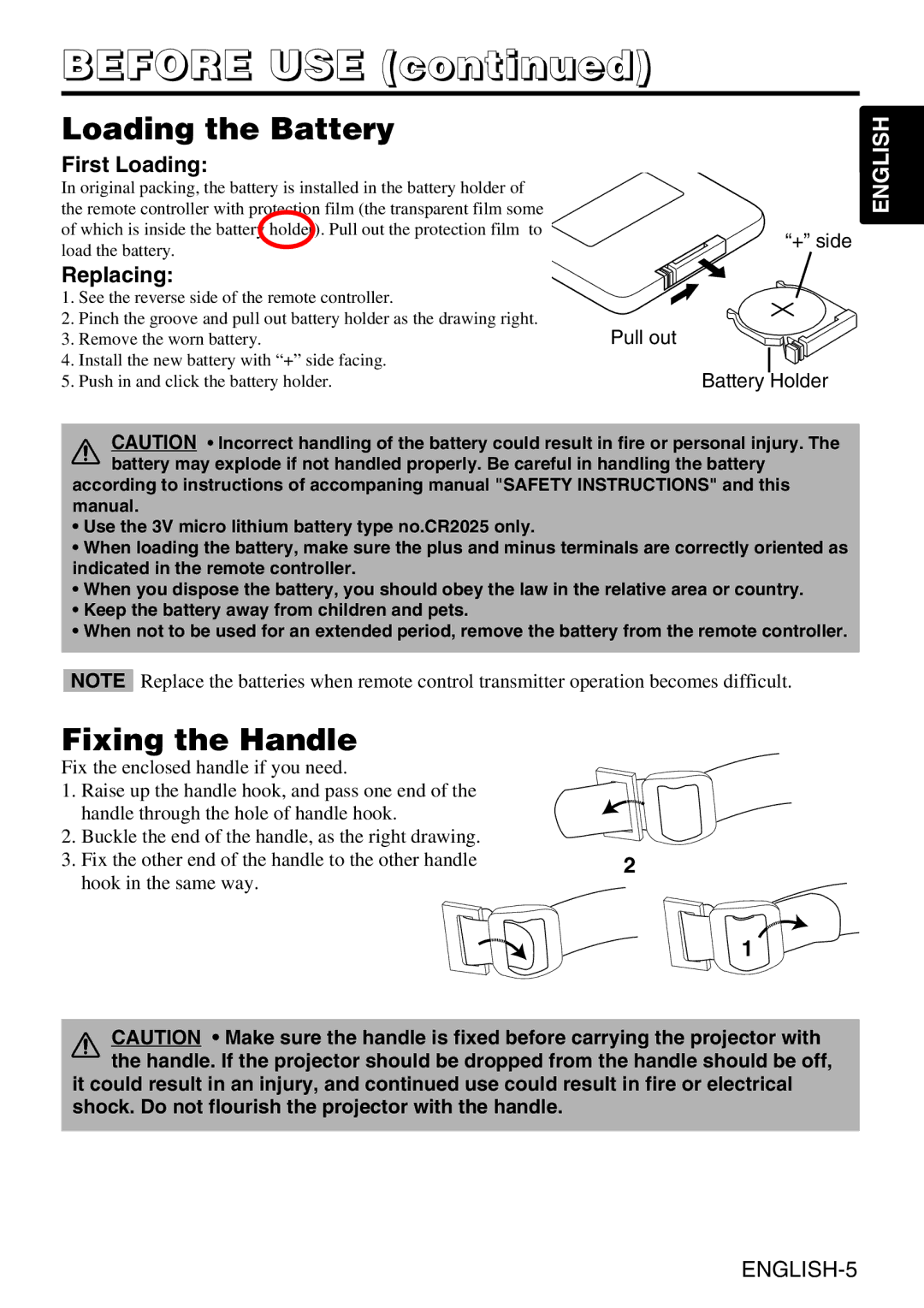 BOXLIGHT CP-635i user manual Loading the Battery, Fixing the Handle, First Loading, Replacing, Pull out 