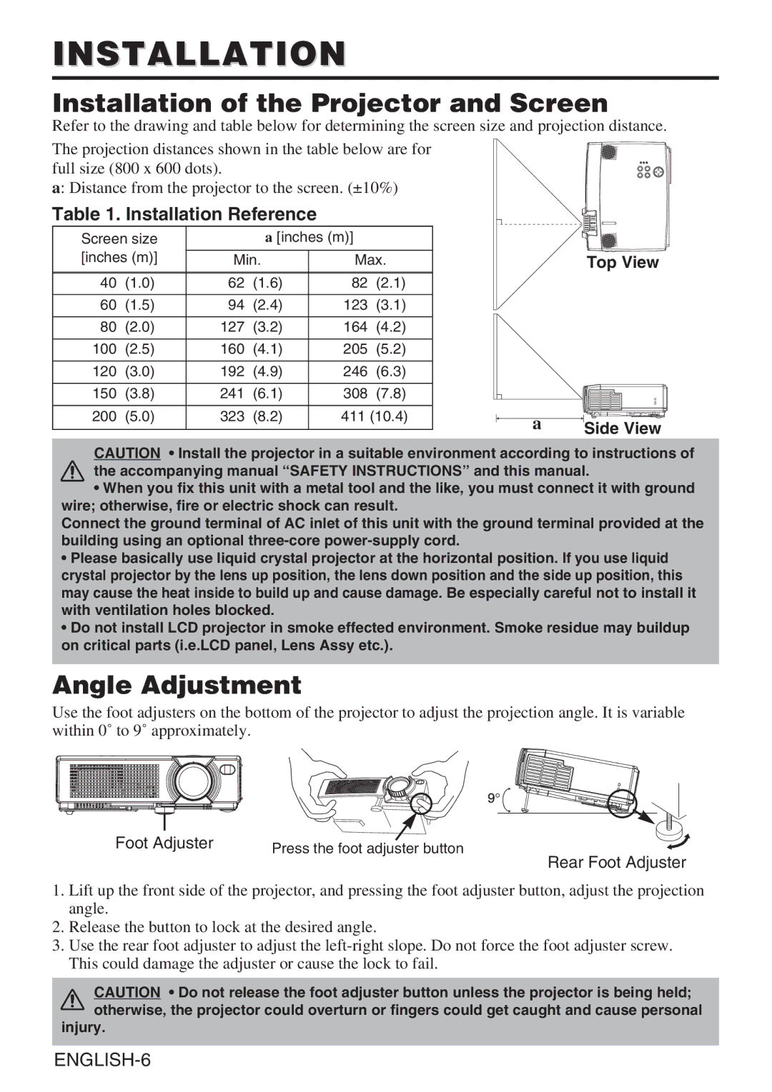 BOXLIGHT CP-635i user manual Installation of the Projector and Screen, Angle Adjustment, Installation Reference 