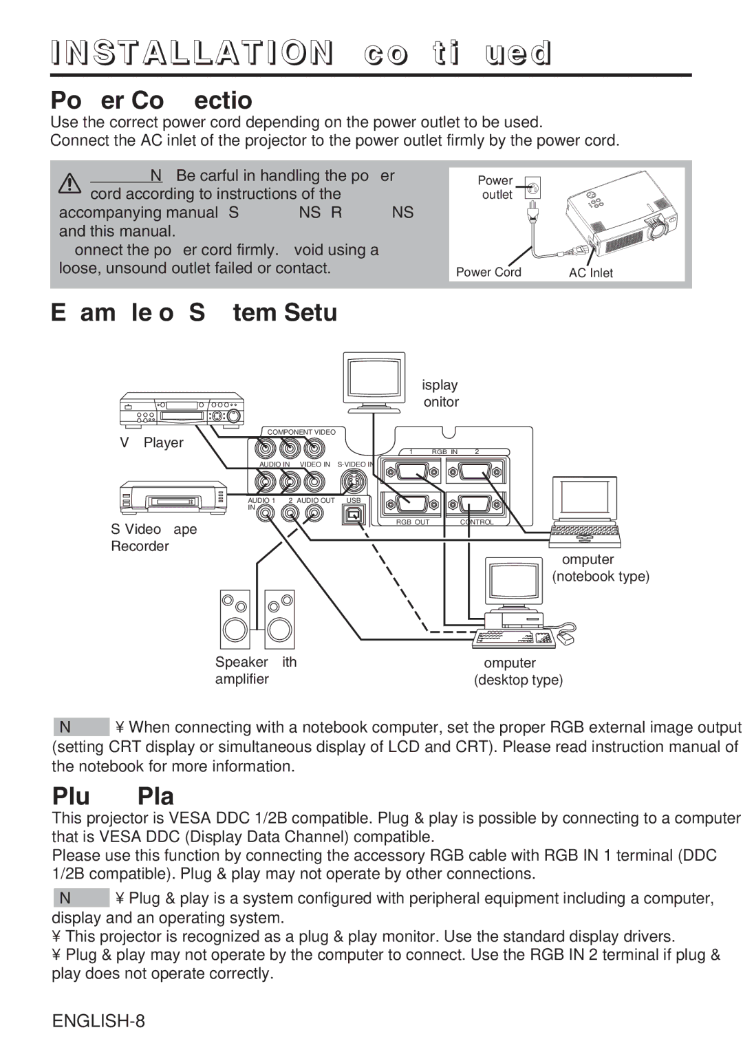 BOXLIGHT CP-635i user manual Power Connection, Example of System Setup, Plug & Play 