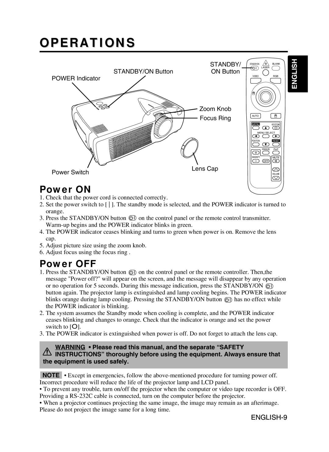 BOXLIGHT CP-775I user manual Operations, Power on, Power OFF, Standby, Equipment is used safely 