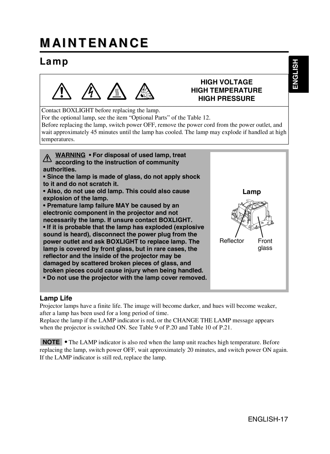 BOXLIGHT CP-775I user manual Maintenance, Lamp Life, Reflector Front 