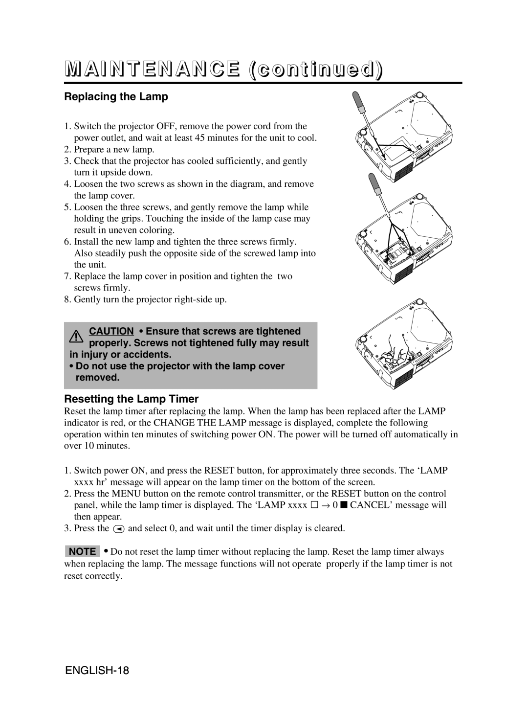 BOXLIGHT CP-775I user manual Maintenance, Replacing the Lamp, Resetting the Lamp Timer 