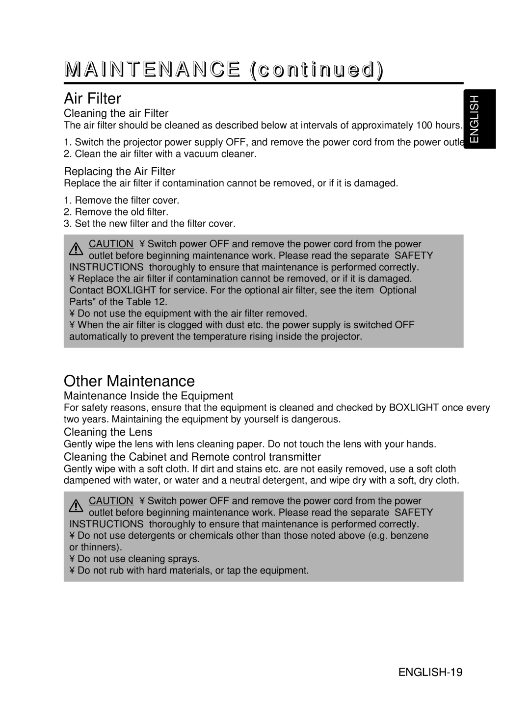 BOXLIGHT CP-775I user manual Air Filter, Other Maintenance 