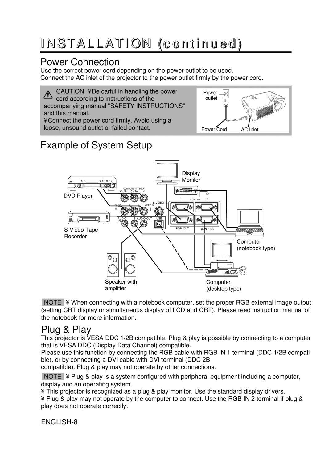 BOXLIGHT CP-775I user manual Power Connection, Example of System Setup, Plug & Play 