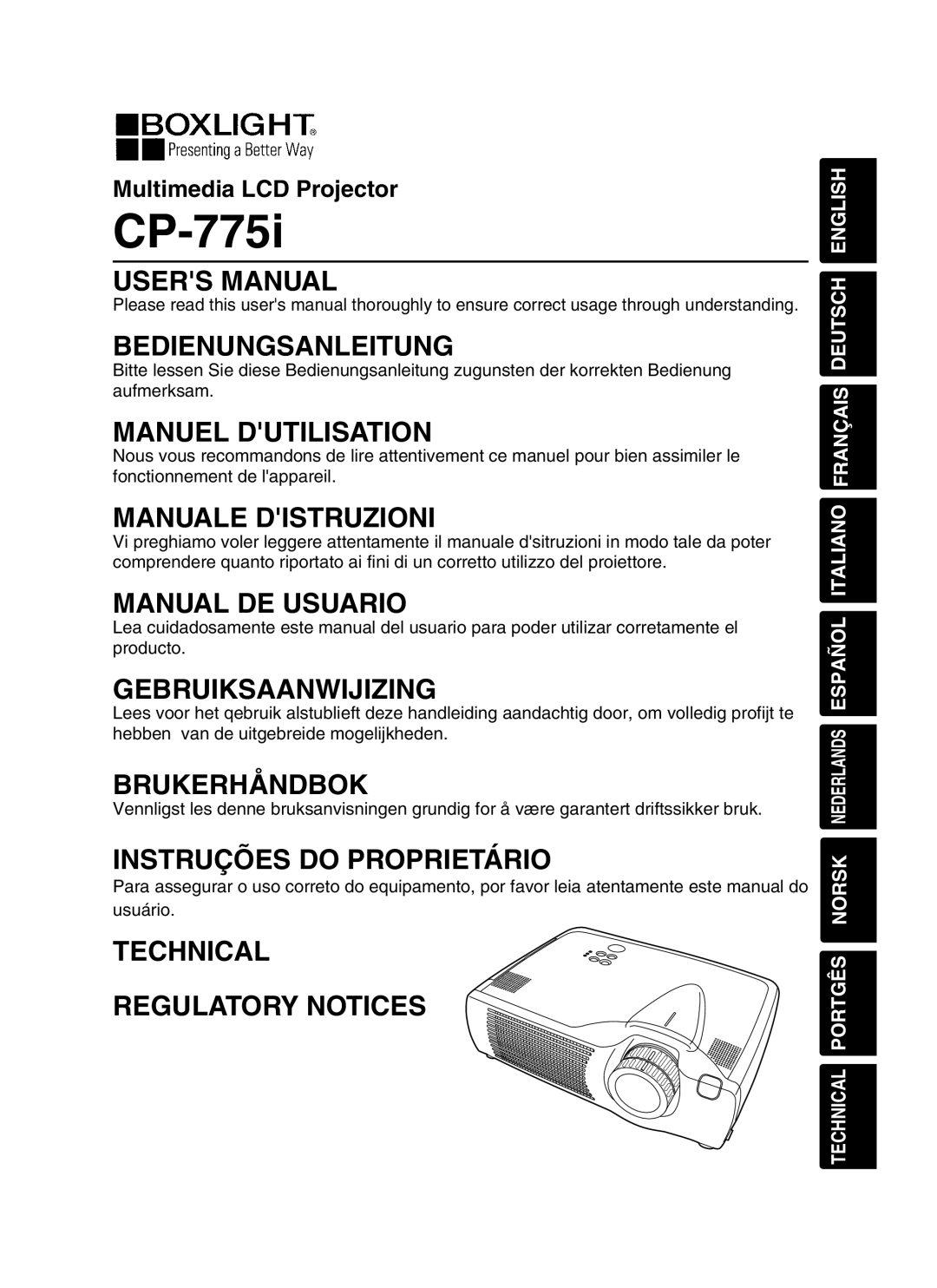 BOXLIGHT CP-775I user manual Users Manual, Bedienungsanleitung, Manuel Dutilisation, Manuale Distruzioni, Brukerhåndbok 