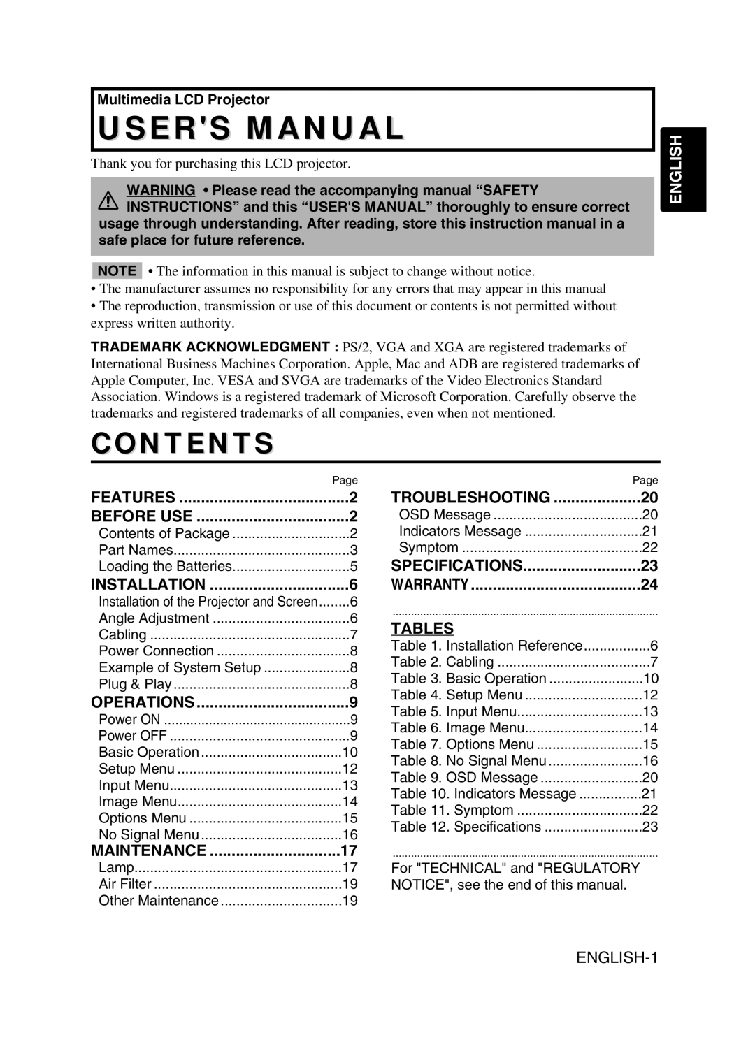 BOXLIGHT CP-775I user manual Contents, English, Tables, ENGLISH-1, Users Manual 