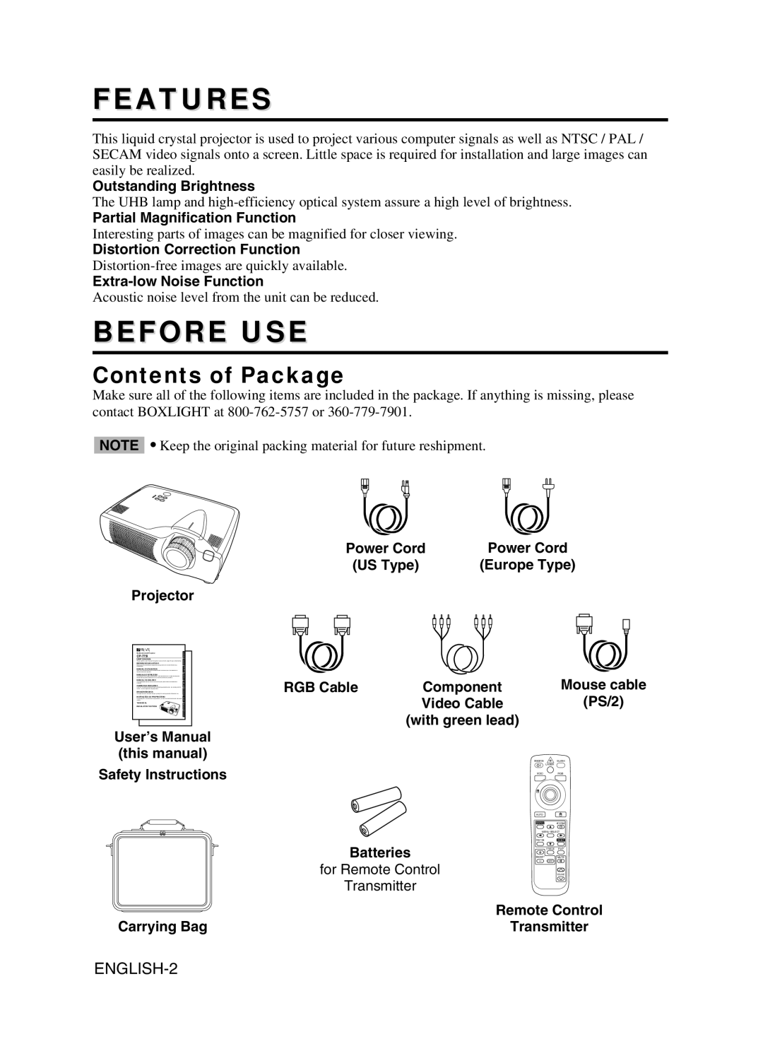 BOXLIGHT CP-775I user manual Features, Before Use, Contents of Package, ENGLISH-2 