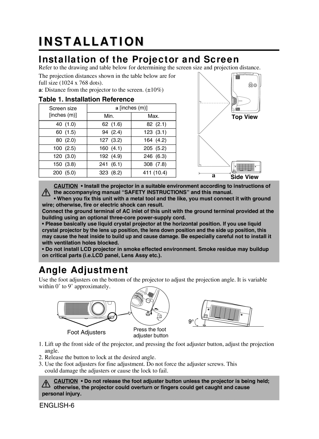 BOXLIGHT CP-775I Installation of the Projector and Screen, Angle Adjustment, Installation Reference, ENGLISH-6 