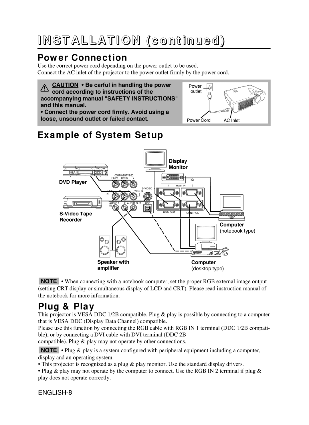 BOXLIGHT CP-775I user manual Power Connection, Example of System Setup, Plug & Play, ENGLISH-8, INSTALLATION continued 