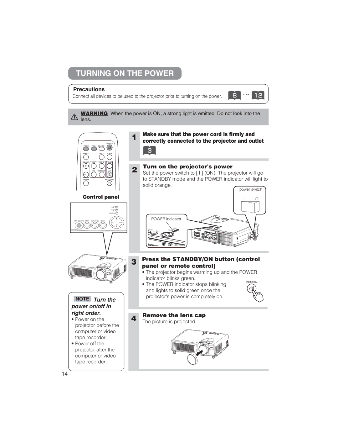 BOXLIGHT CP322ia user manual Turning on the Power, Precautions, Press the STANDBY/ON button control panel or remote control 