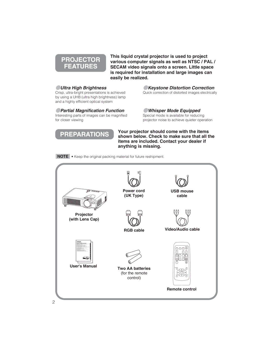 BOXLIGHT CP322ia user manual Projector Features, For the remote Control, Power cord, Cable 