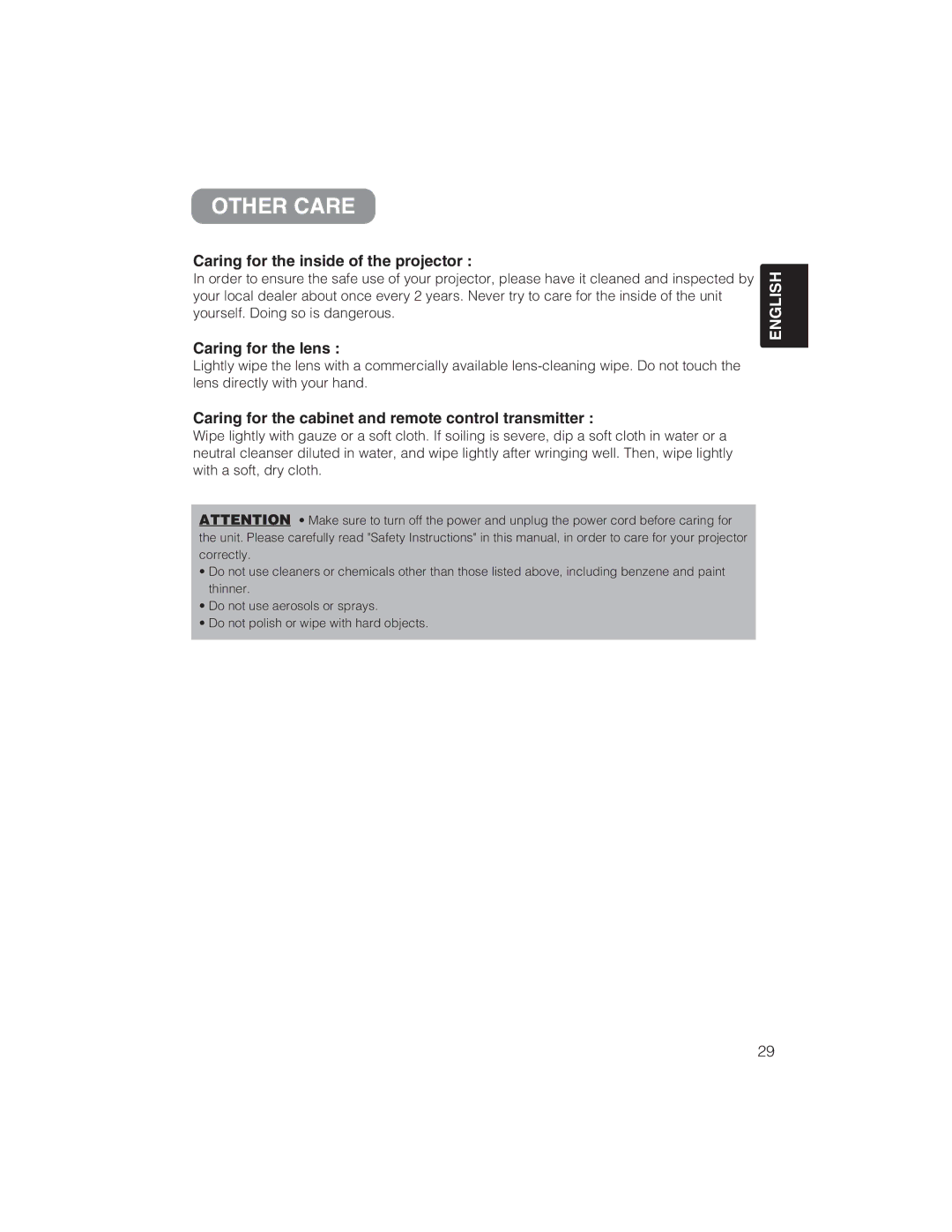 BOXLIGHT CP322ia user manual Other Care, Caring for the inside of the projector, Caring for the lens 