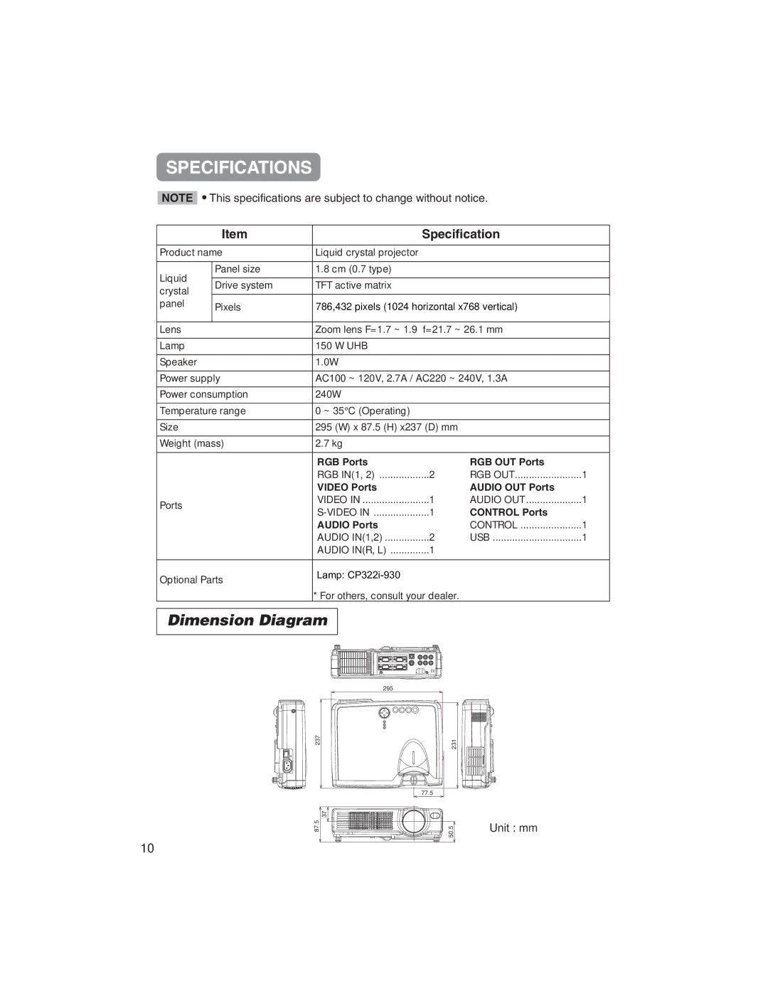 BOXLIGHT CP322ia user manual Specifications, Dimension Diagram, Unit mm 