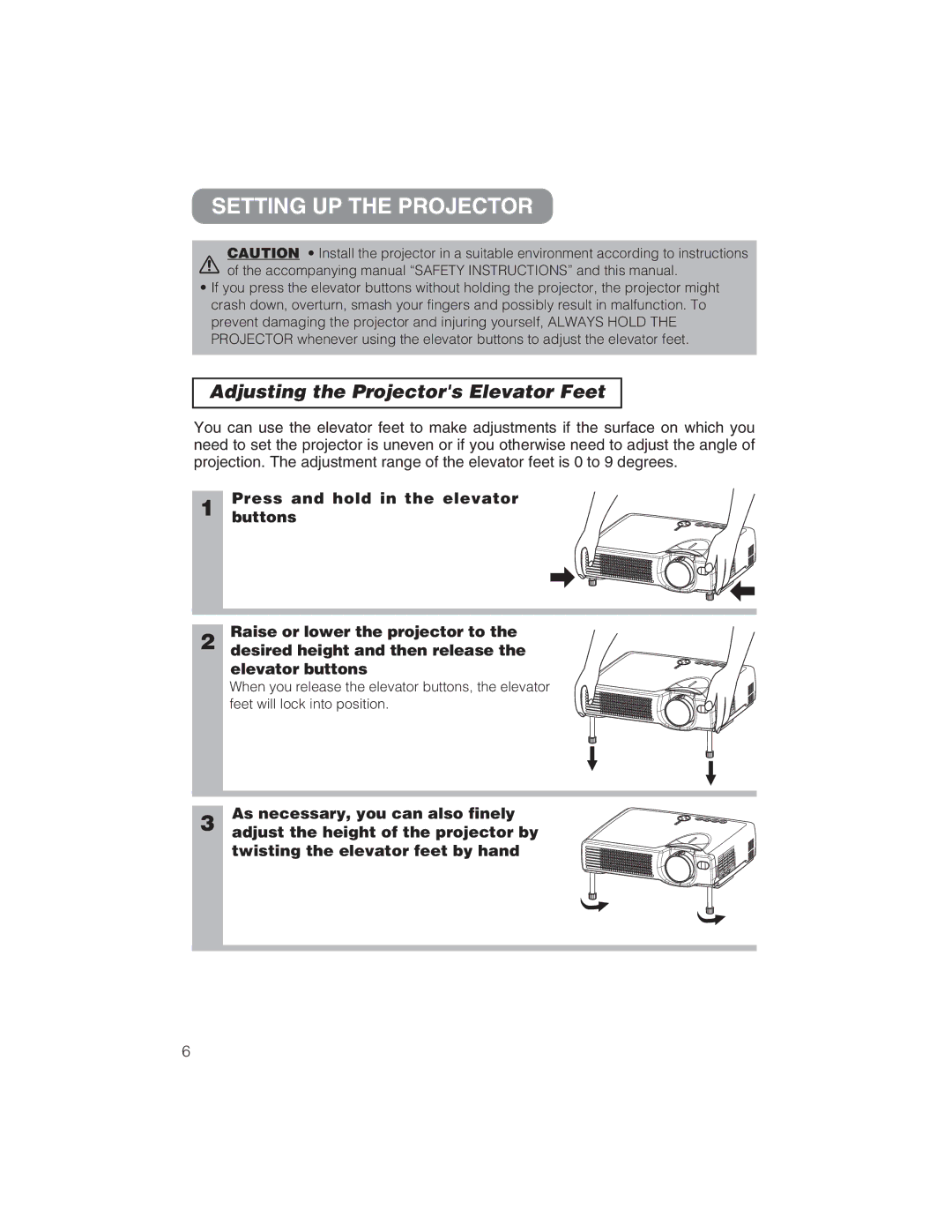 BOXLIGHT CP322ia user manual Setting UP the Projector, Adjusting the Projectors Elevator Feet 