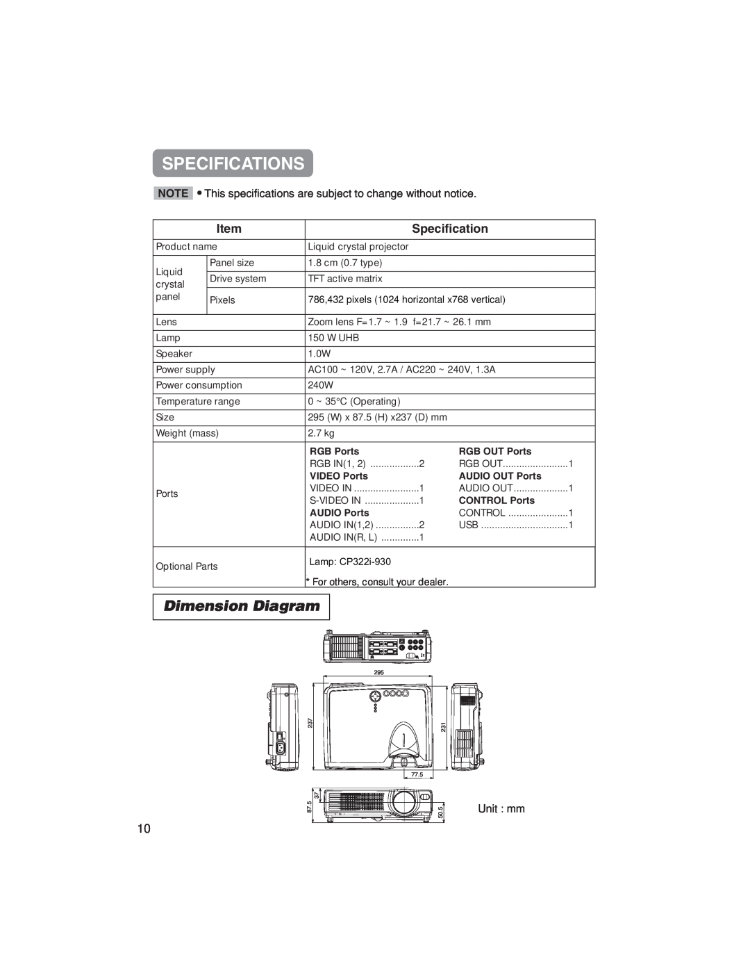 BOXLIGHT CP322ia user manual Specifications, Dimension Diagram, Lamp CP322i-930 