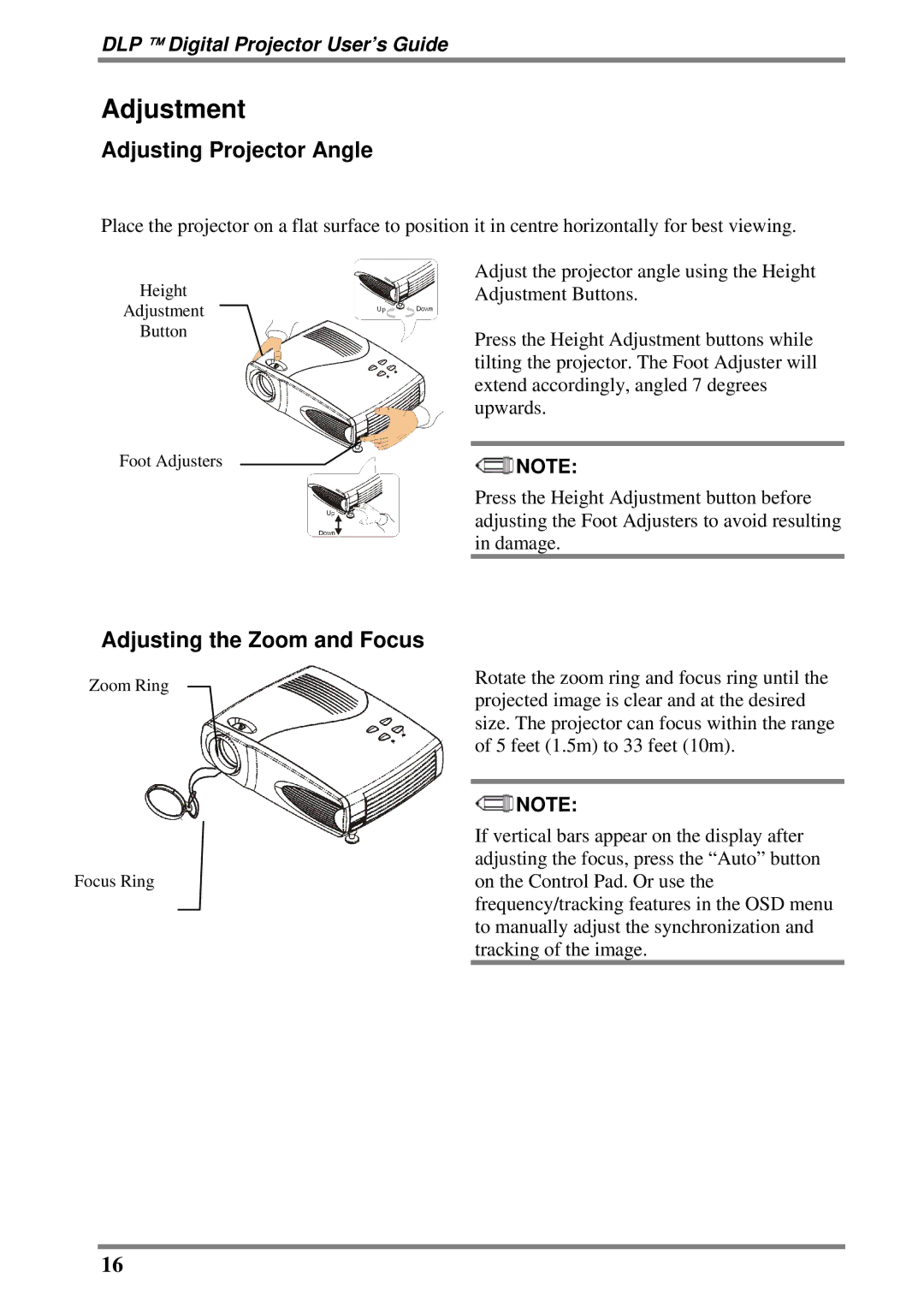 BOXLIGHT DLP manual Adjustment, Adjusting Projector Angle, Adjusting the Zoom and Focus 