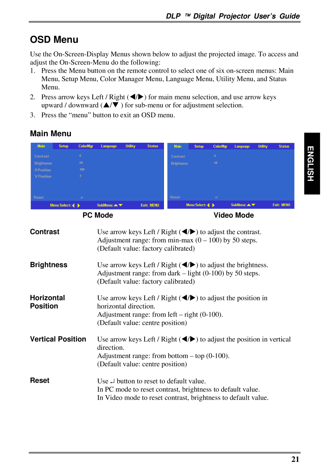 BOXLIGHT DLP manual OSD Menu, Main Menu 