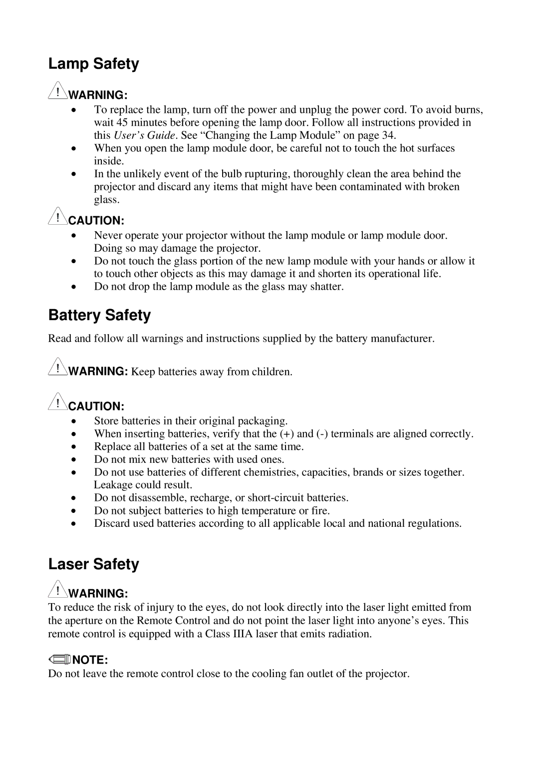 BOXLIGHT DLP manual Lamp Safety, Battery Safety, Laser Safety 