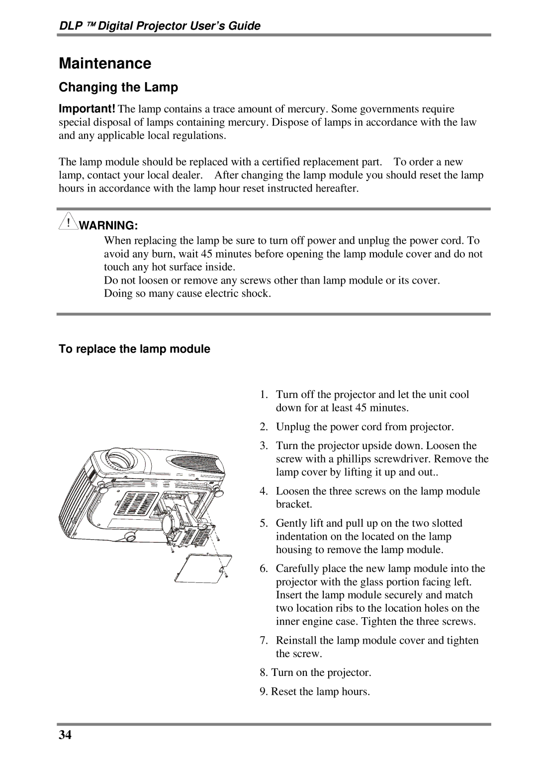 BOXLIGHT DLP manual Maintenance, Changing the Lamp, To replace the lamp module 