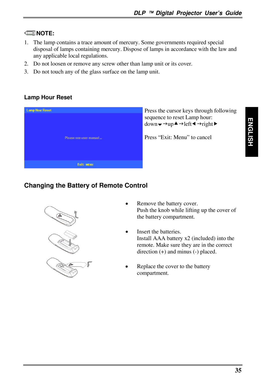 BOXLIGHT DLP manual Changing the Battery of Remote Control, Lamp Hour Reset 