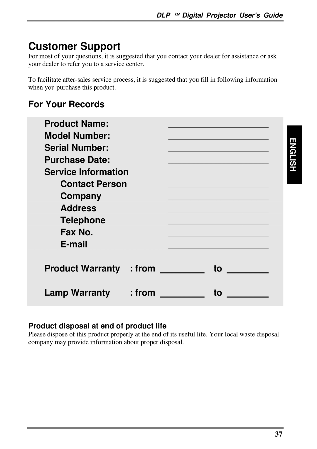 BOXLIGHT DLP manual Customer Support, Product disposal at end of product life 