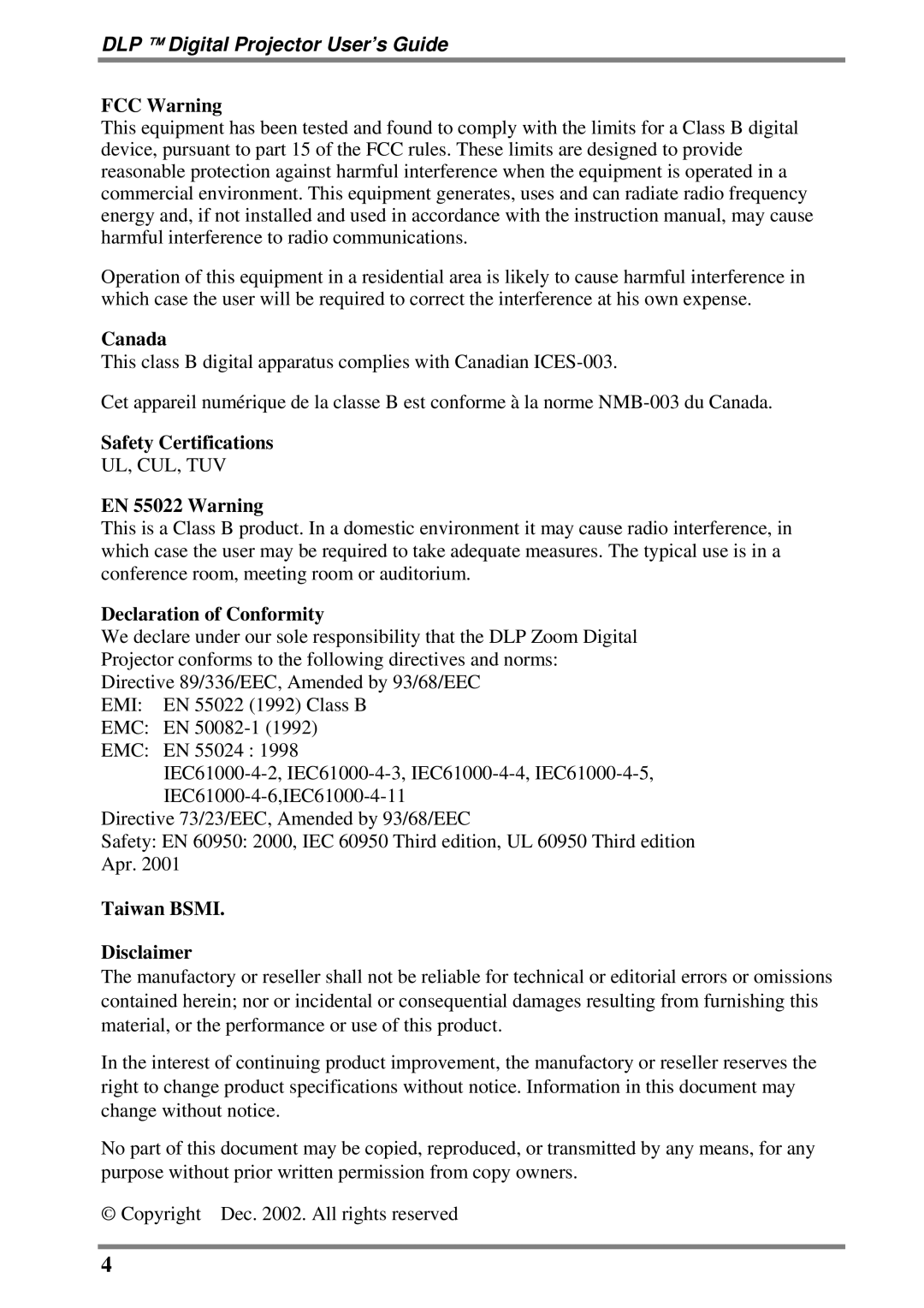 BOXLIGHT DLP manual Safety Certifications 