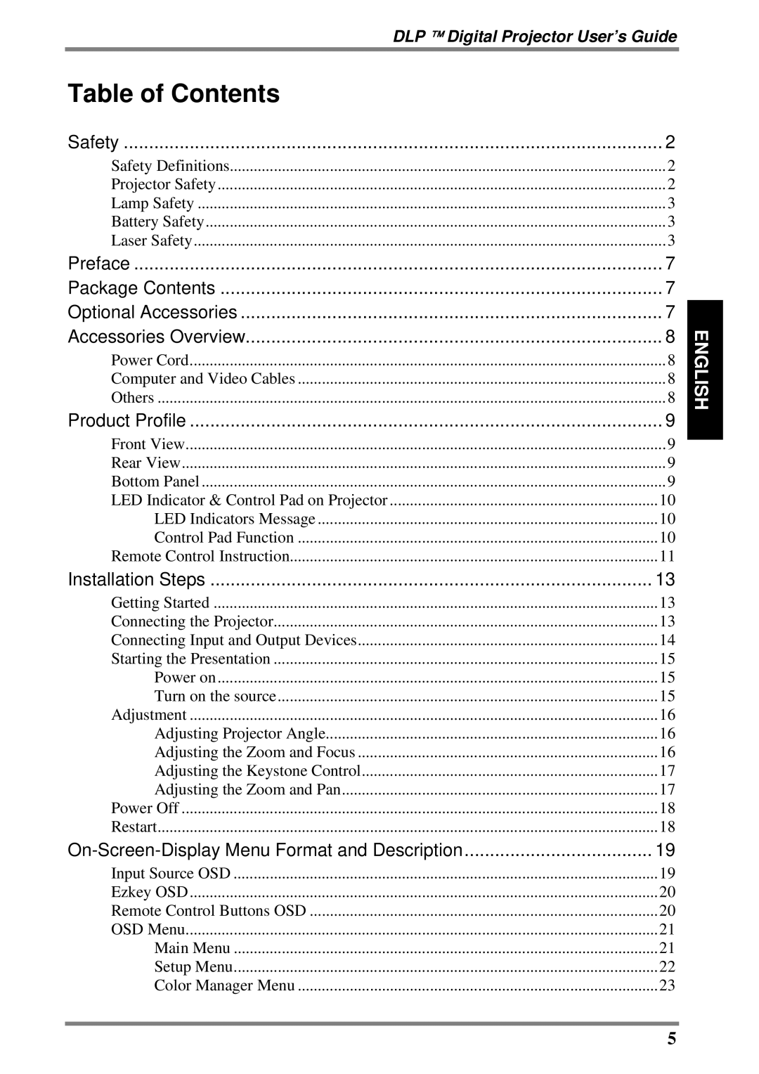 BOXLIGHT DLP manual Table of Contents 