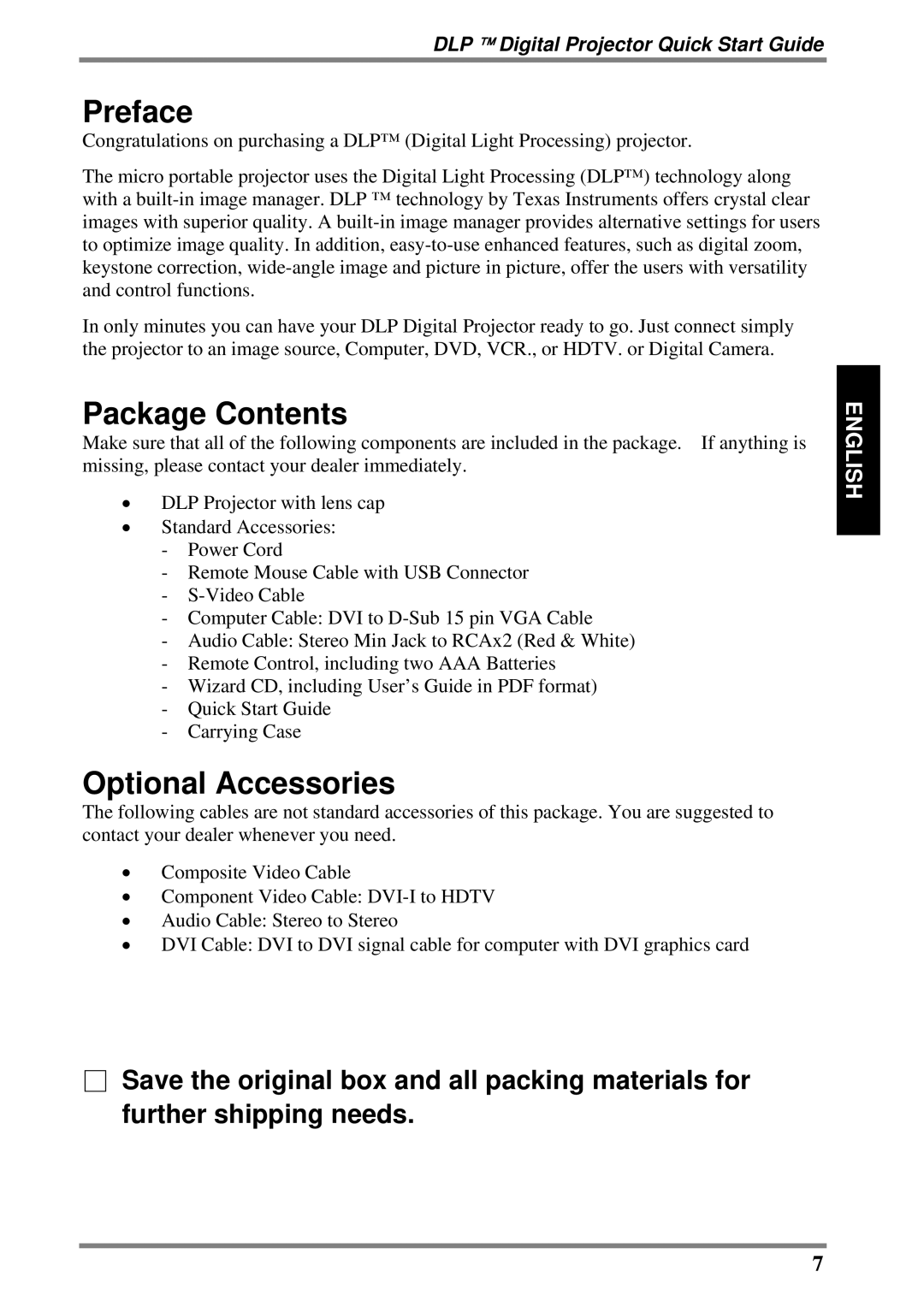 BOXLIGHT DLP manual Preface, Package Contents, Optional Accessories 