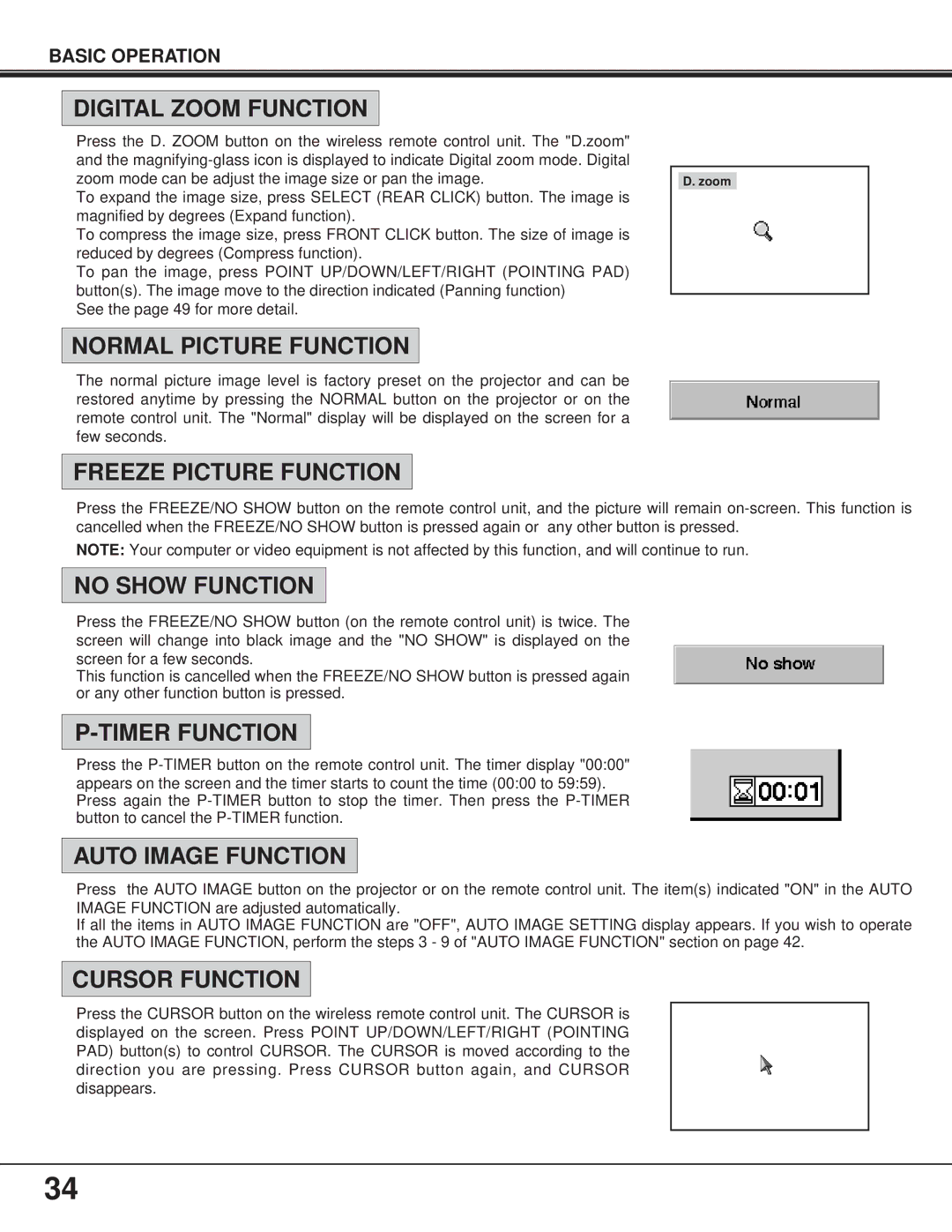 BOXLIGHT FP-95t Digital Zoom Function, Normal Picture Function, Freeze Picture Function, No Show Function, Timer Function 