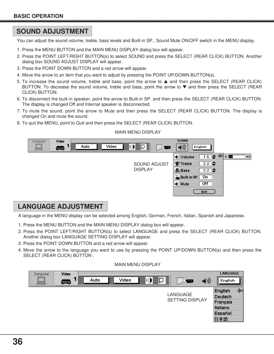 BOXLIGHT FP-95t manual Sound Adjustment, Language Adjustment, Click Button, Main Menu Display Sound Adjust 