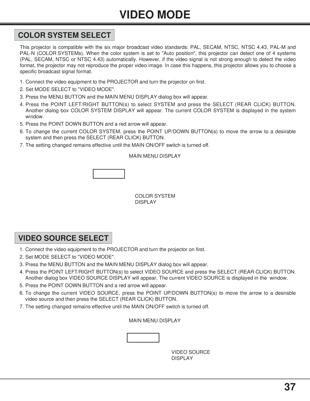 BOXLIGHT FP-95t manual Video Mode, Color System Select, Video Source Select, Main Menu Display Color System 