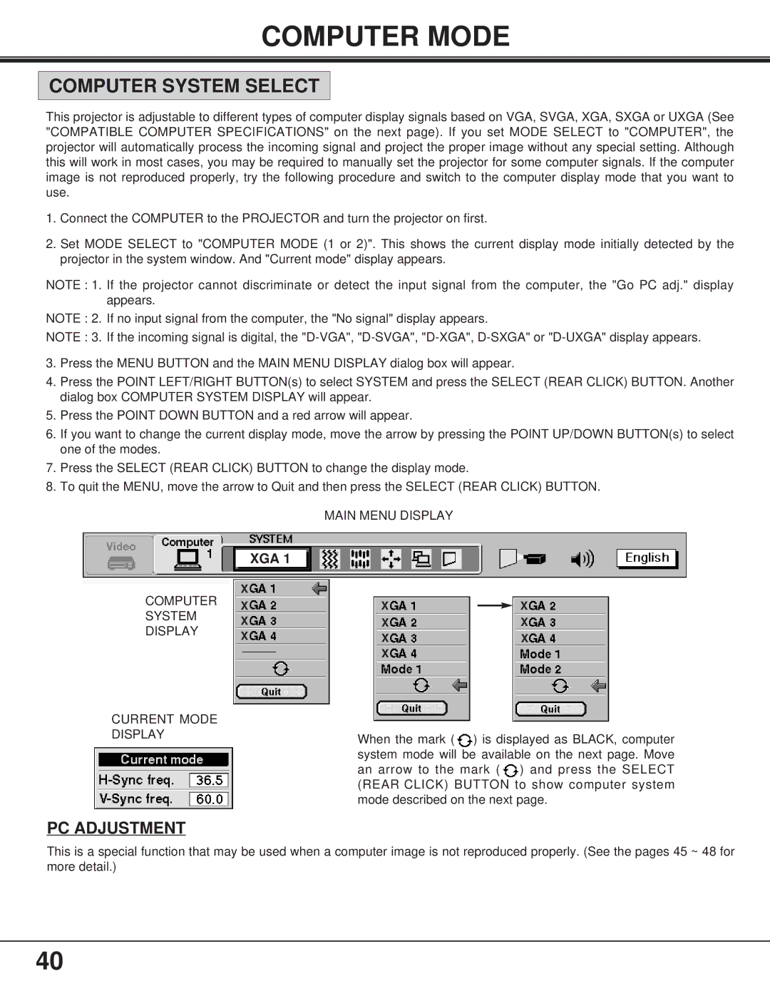 BOXLIGHT FP-95t manual Computer Mode, Computer System Select, PC Adjustment, Computer System Display Current Mode 