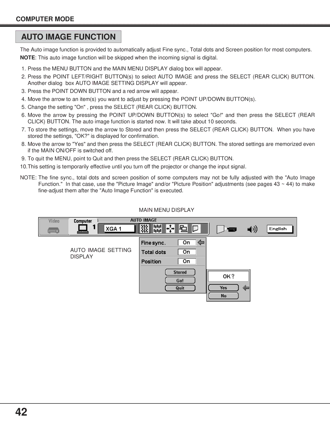 BOXLIGHT FP-95t manual Auto Image Function, Main Menu Display Auto Image Setting 