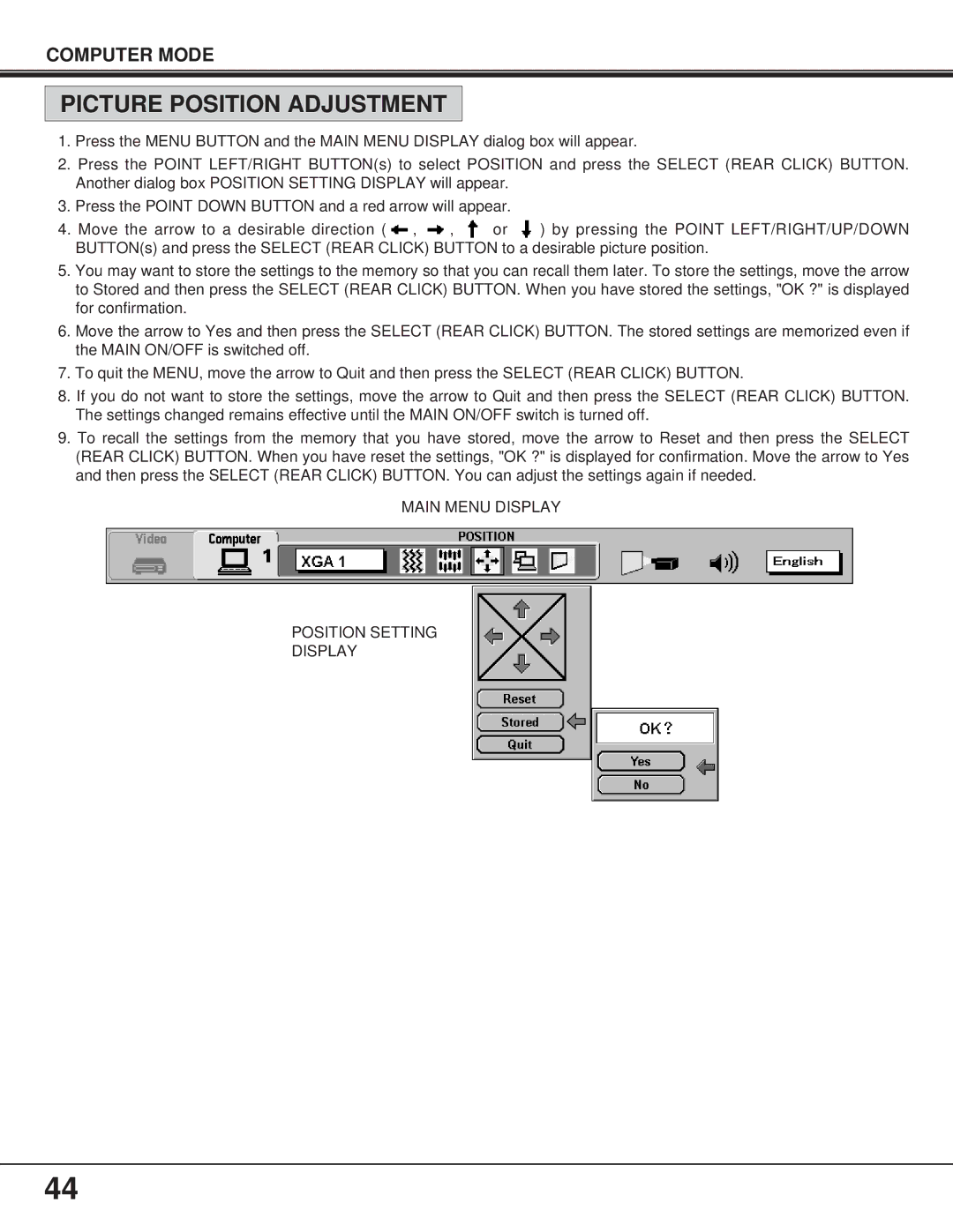 BOXLIGHT FP-95t manual Picture Position Adjustment, Main Menu Display Position Setting 