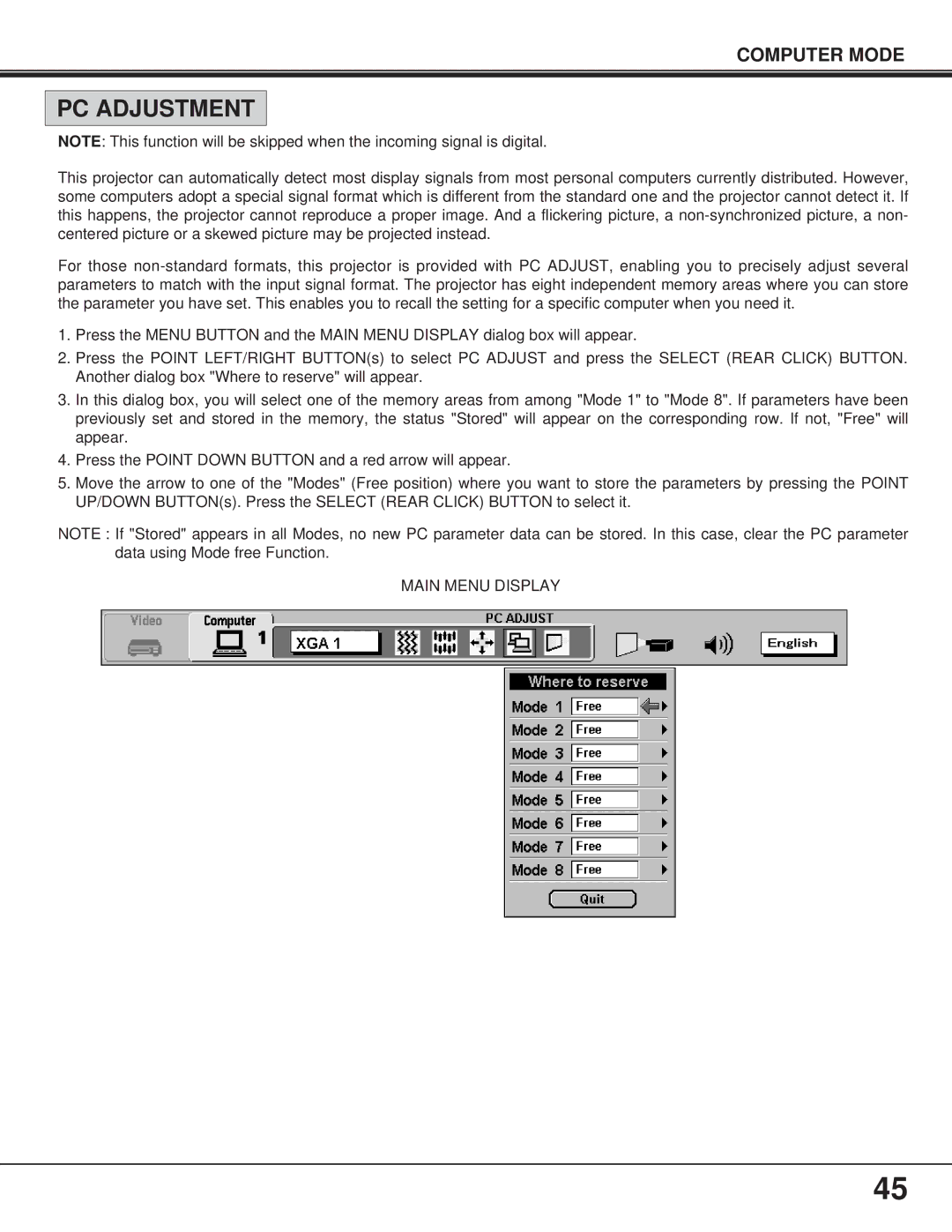 BOXLIGHT FP-95t manual PC Adjustment, Main Menu Display 