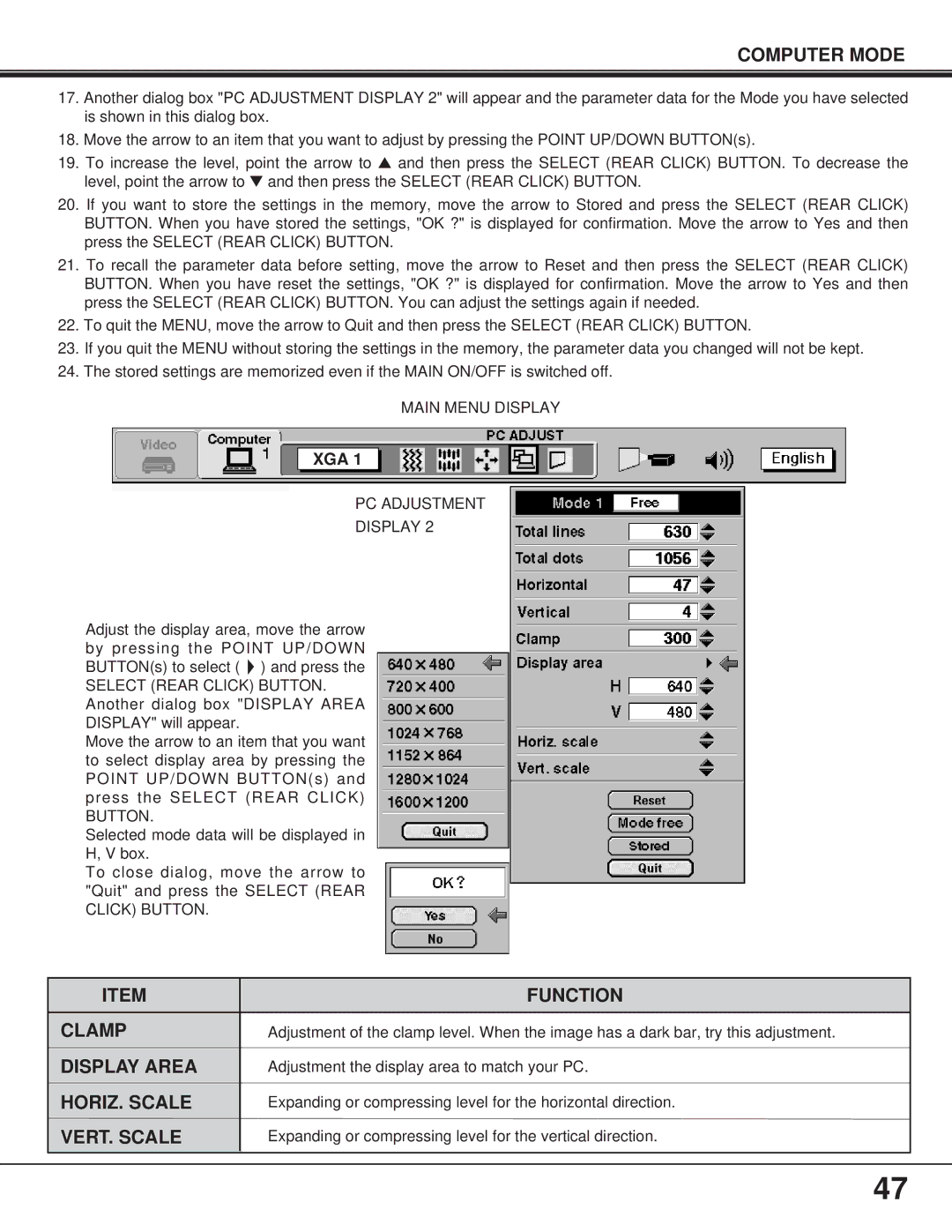 BOXLIGHT FP-95t manual PC Adjustment Display, Click Button 