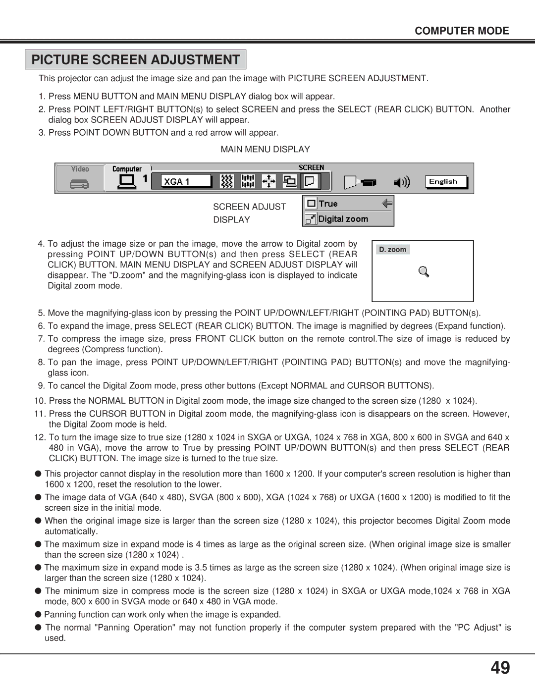 BOXLIGHT FP-95t manual Picture Screen Adjustment 