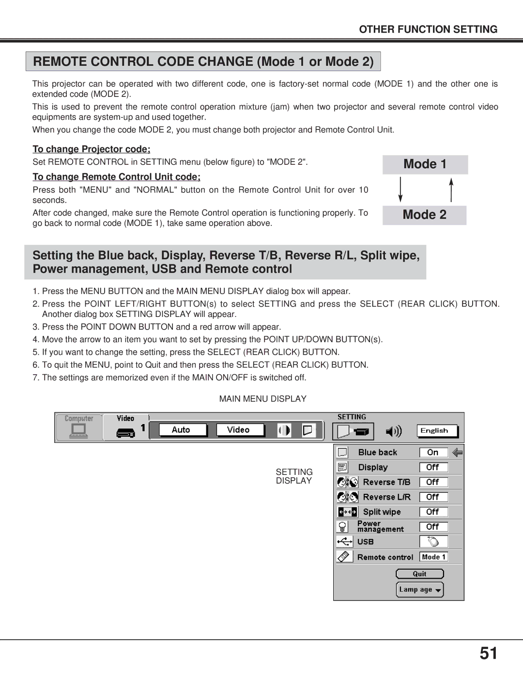 BOXLIGHT FP-95t manual Remote Control Code Change Mode 1 or Mode, Main Menu Display Setting 