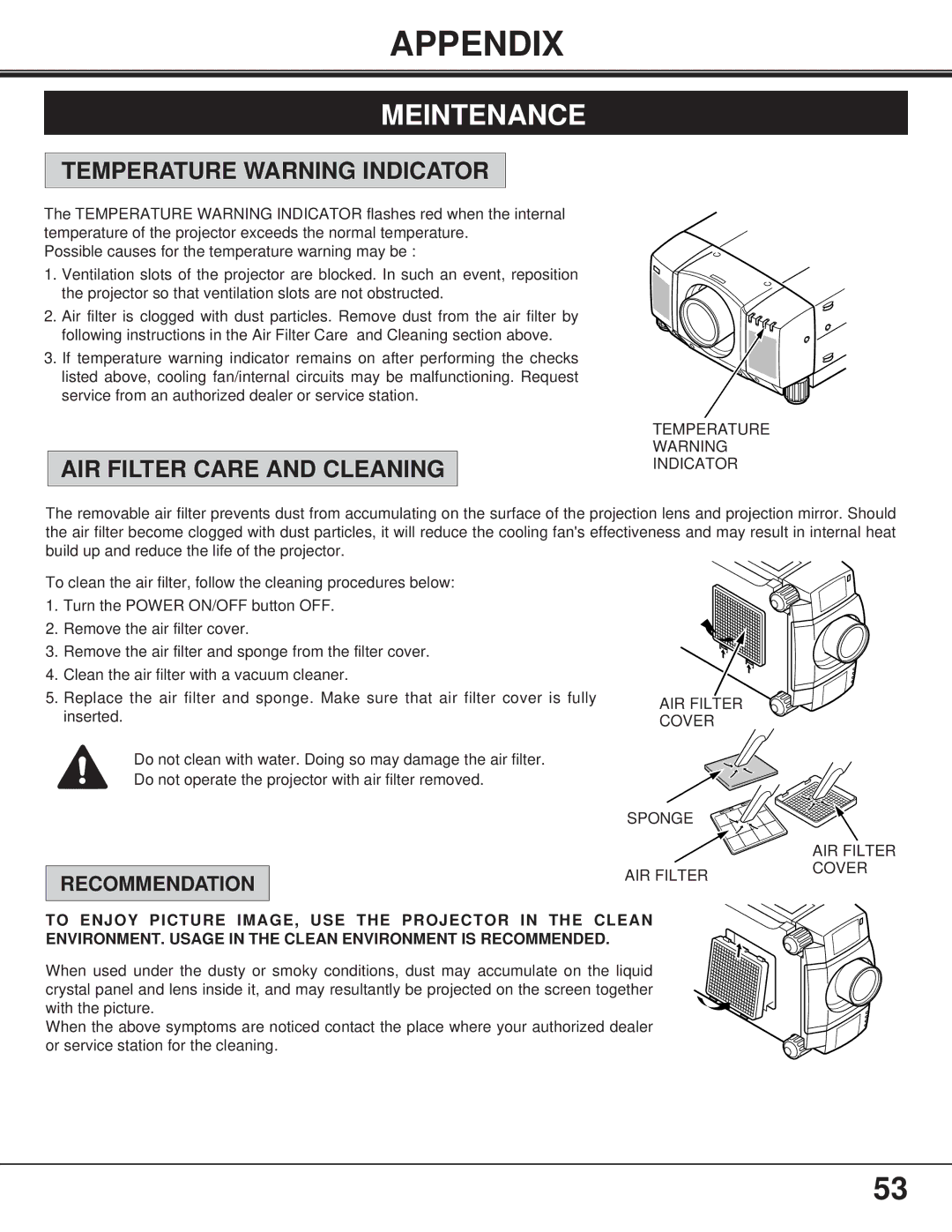 BOXLIGHT FP-95t manual Appendix, Meintenance, Temperature Warning Indicator, AIR Filter Care and Cleaning, Recommendation 