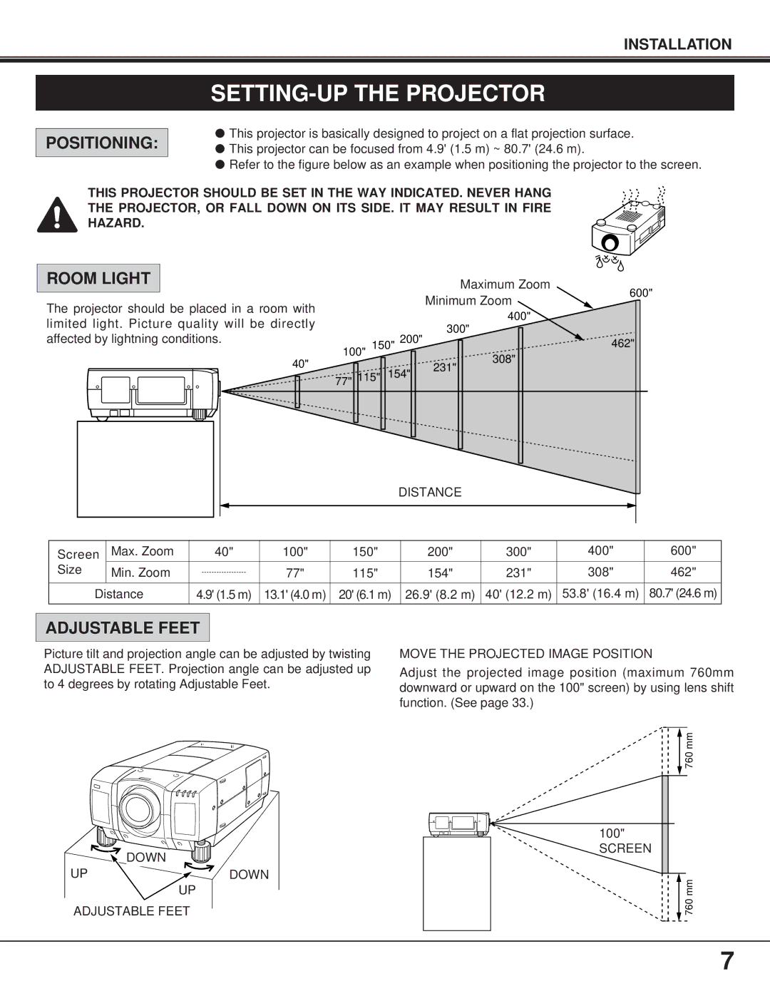 BOXLIGHT FP-95t manual SETTING-UP the Projector, Positioning, Room Light, Adjustable Feet 