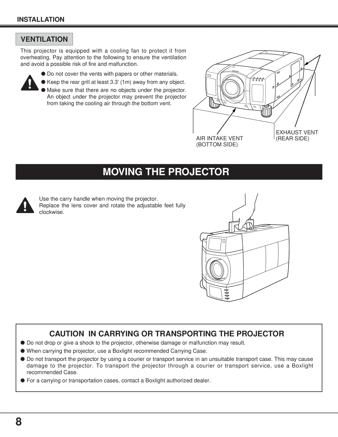 BOXLIGHT FP-95t manual Moving the Projector, Ventilation, Exhaust Vent AIR Intake Ventrear Side Bottom Side 