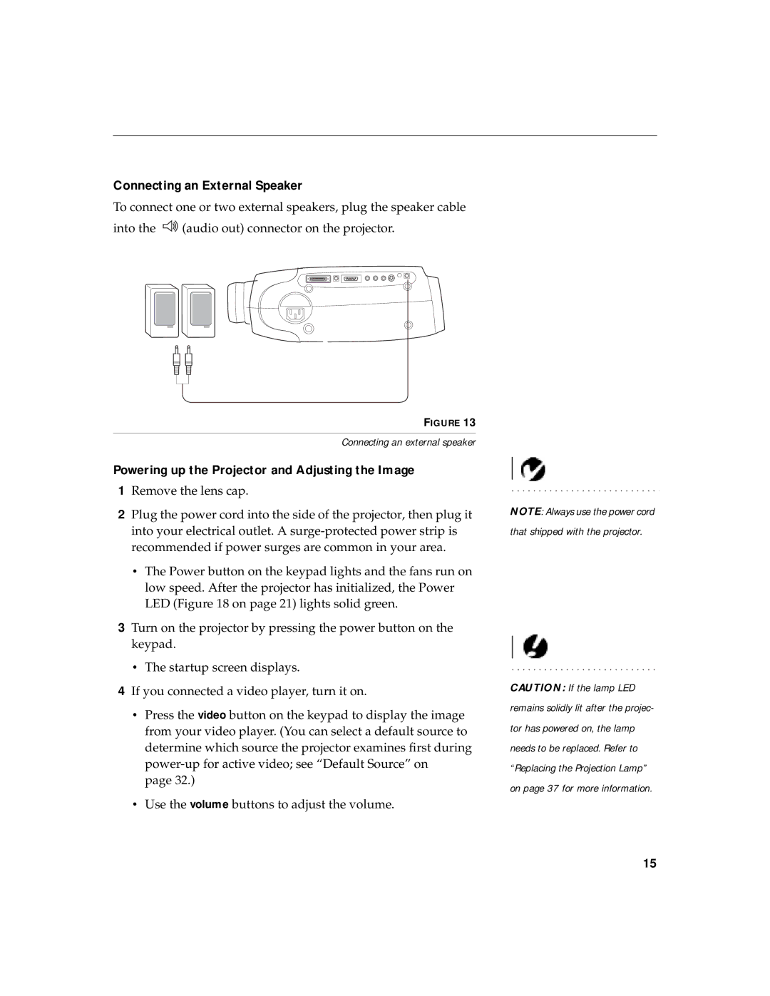 BOXLIGHT MP-350m manual Connecting an External Speaker, Powering up the Projector and Adjusting the Image 