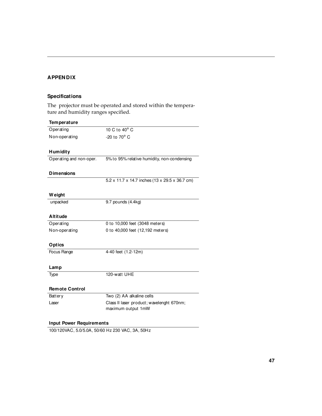 BOXLIGHT MP-350m manual Appendix, Specifications 