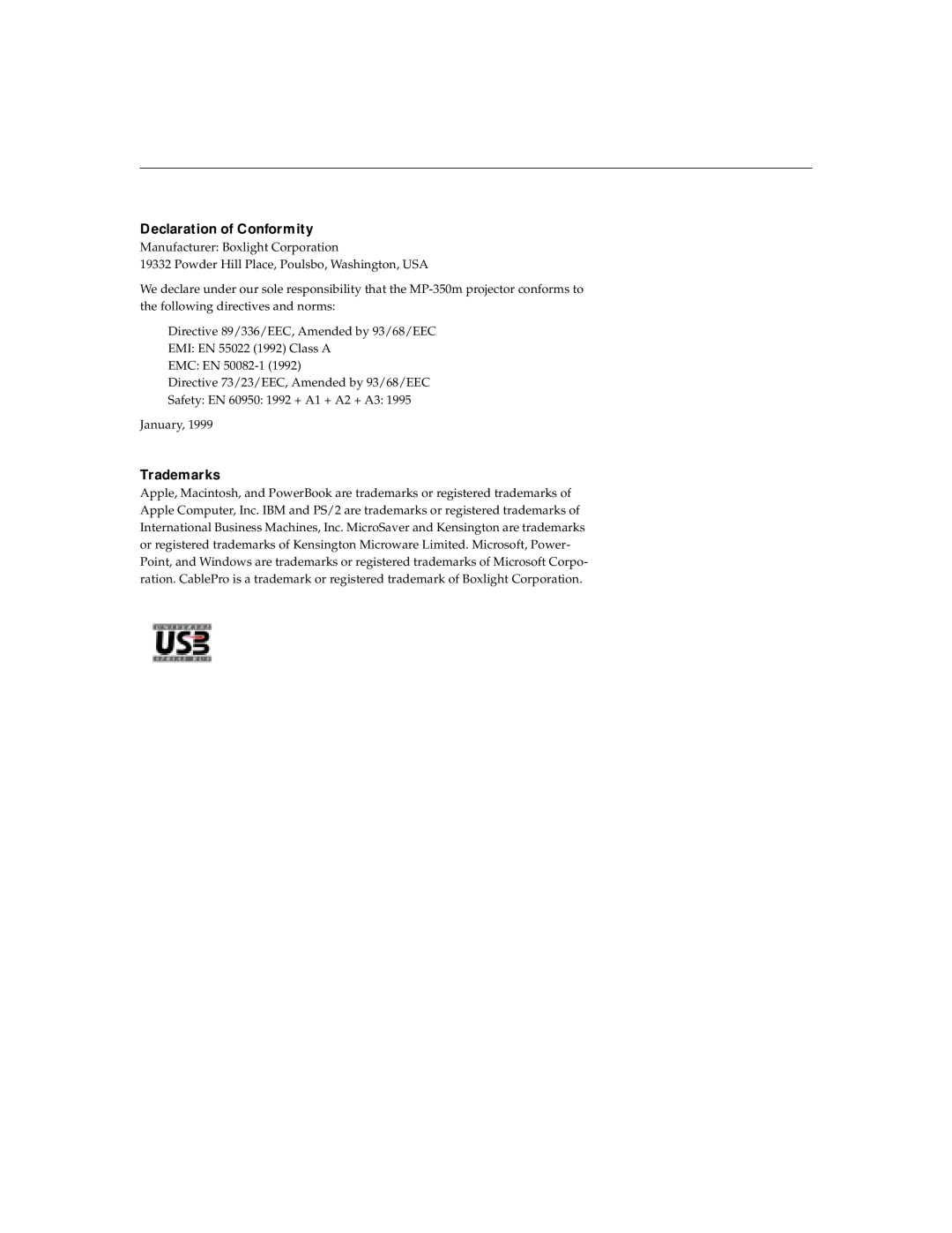 BOXLIGHT MP-350m manual Declaration of Conformity, Trademarks 