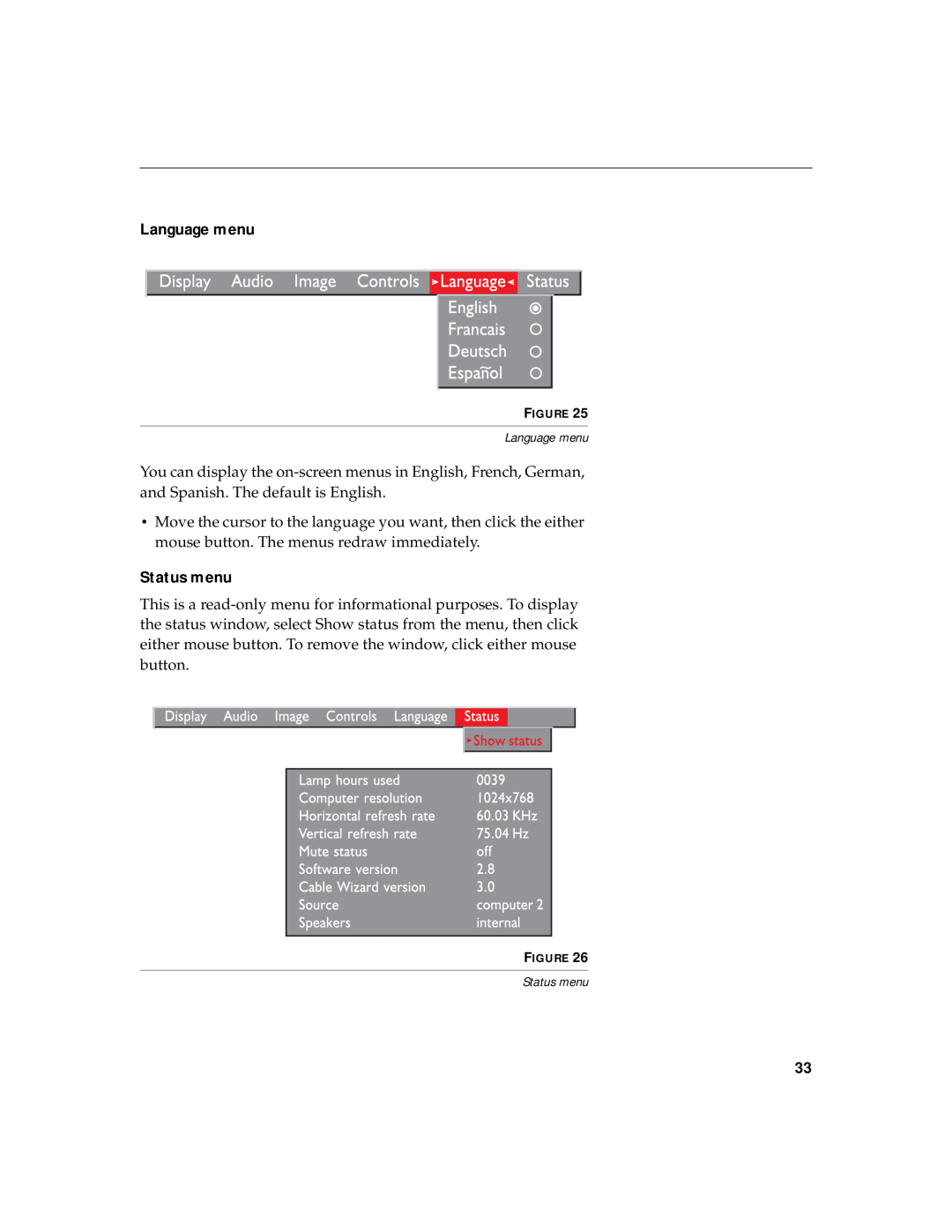 BOXLIGHT MP-350m manual Language menu, Status menu 