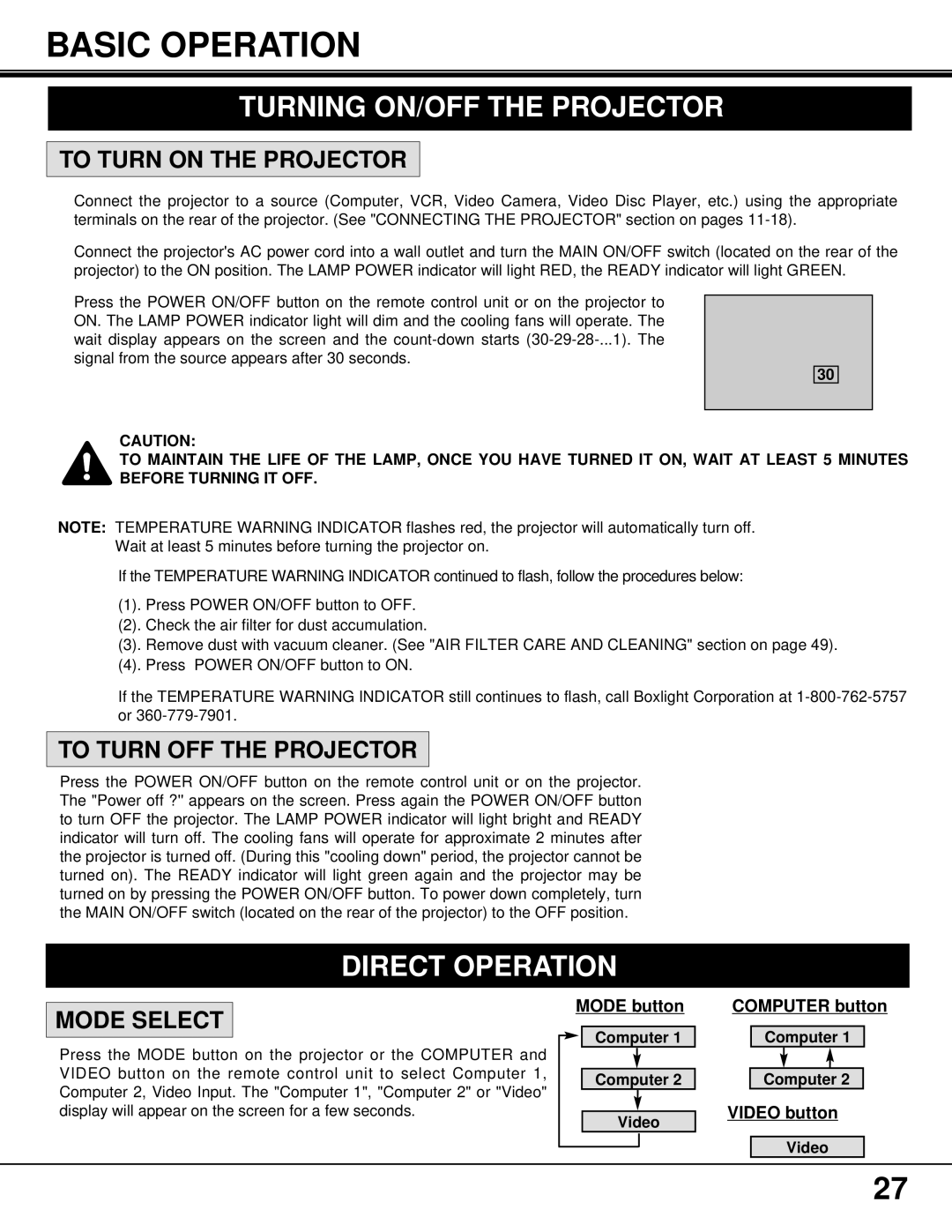 BOXLIGHT MP-37t manual Basic Operation, Turning ON/OFF the Projector, Direct Operation 